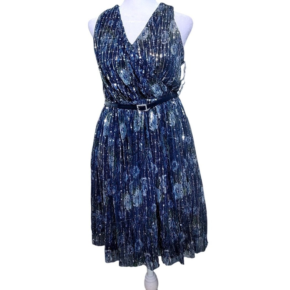 By & By Girl Navy Blue Metallic Sequin Floral Pleated‎ Party Dress 14.5 NWT - Picture 2 of 7